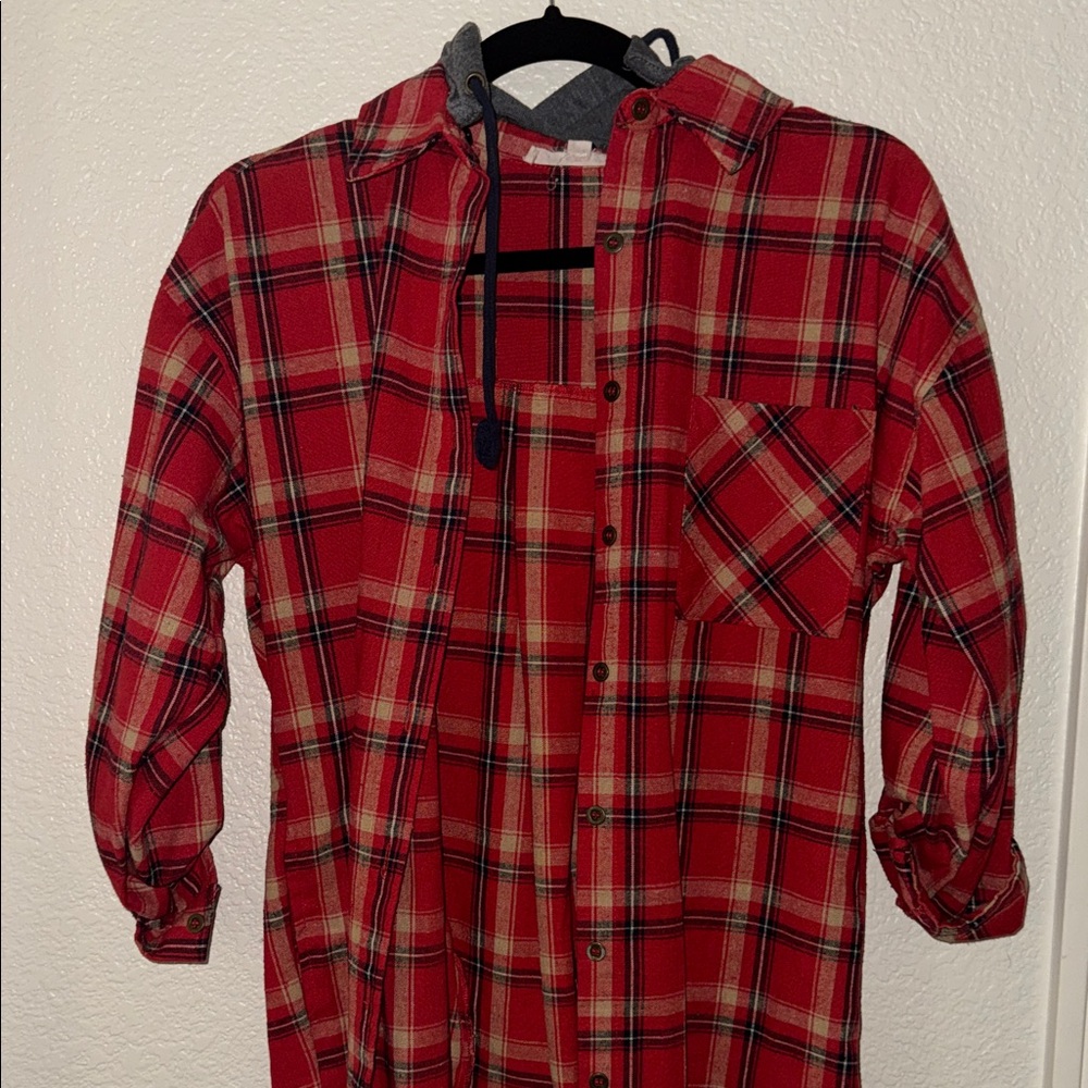 Red Plaid Button Up with Hood